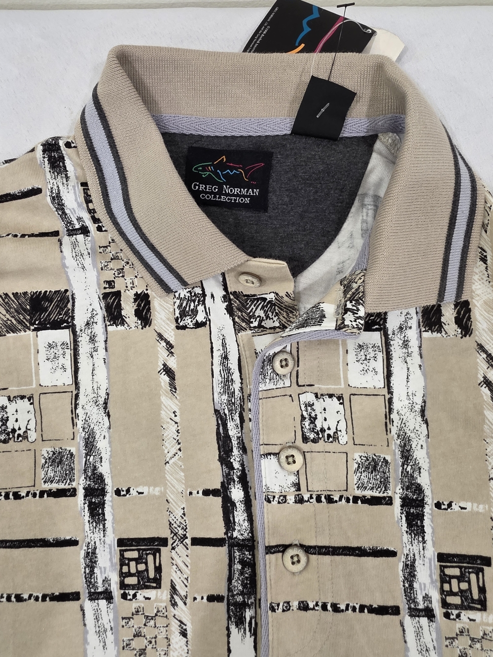 Greg Norman Collection Beige Patterned Polo Shirt Men Size L